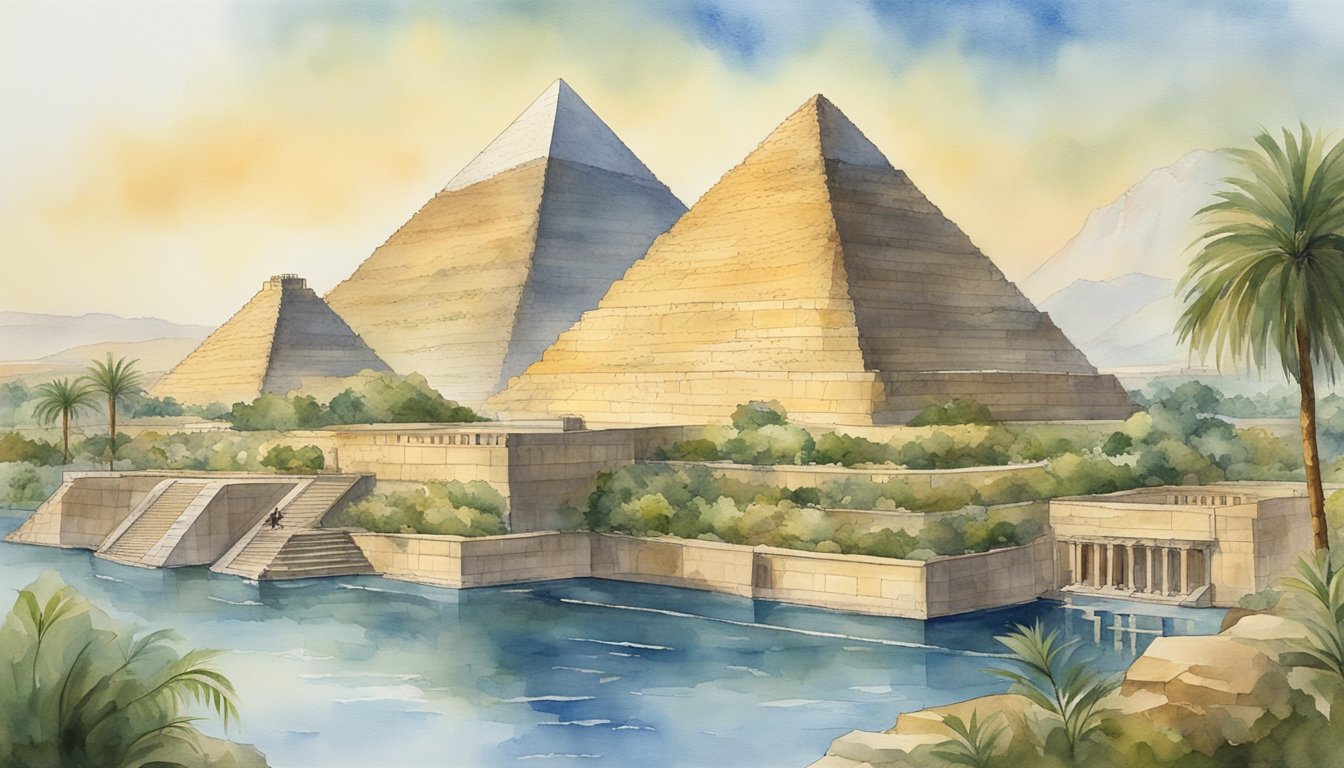 The ancient wonders stand tall, each a marvel of engineering and artistry.</p><p>The Great Pyramid looms over the desert, while the Hanging Gardens cascade with greenery.</p><p>The Colossus of Rhodes guards the harbor, and the Temple of Artemis gle