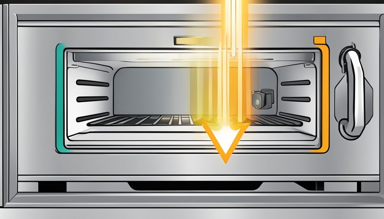 A convection oven drawing power from an outlet, with energy flow indicated by arrows. Temperature gauge shows high heat