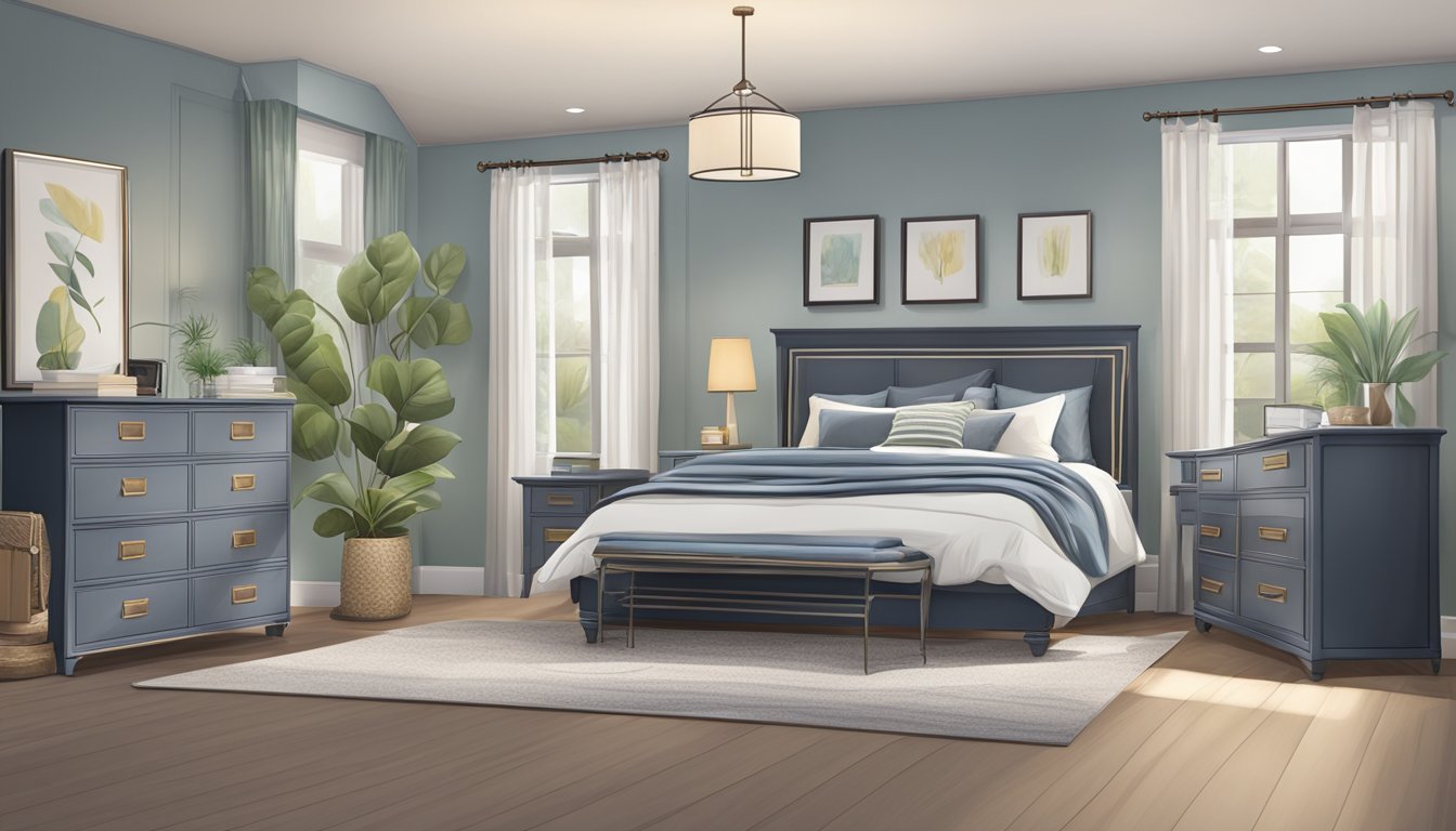 A cozy bedroom with a stylish and functional bedroom set, featuring a comfortable bed, matching nightstands, and a spacious dresser