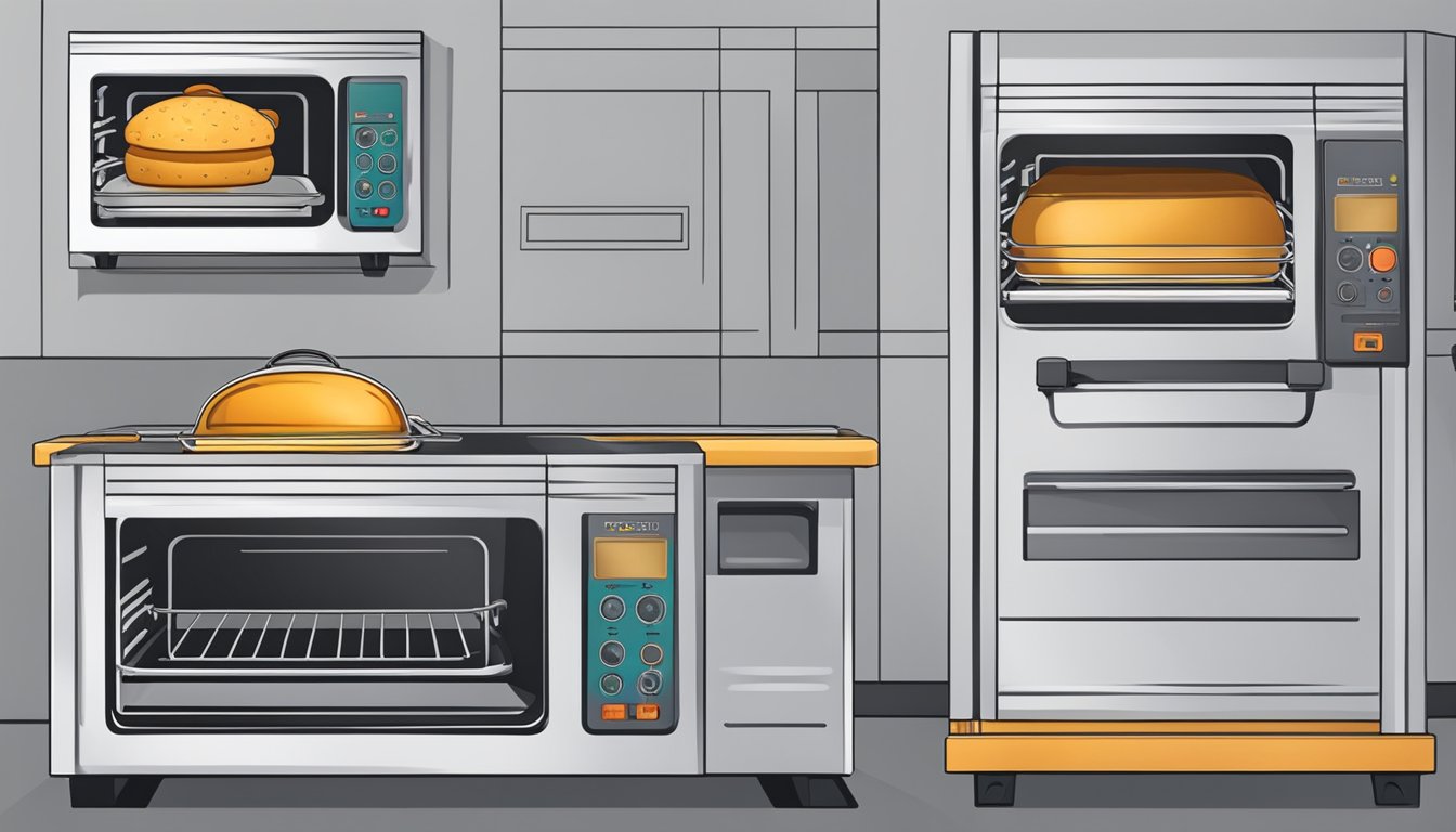 A convection oven with a digital display showing power consumption in watts. A tray of food inside, hot air circulating