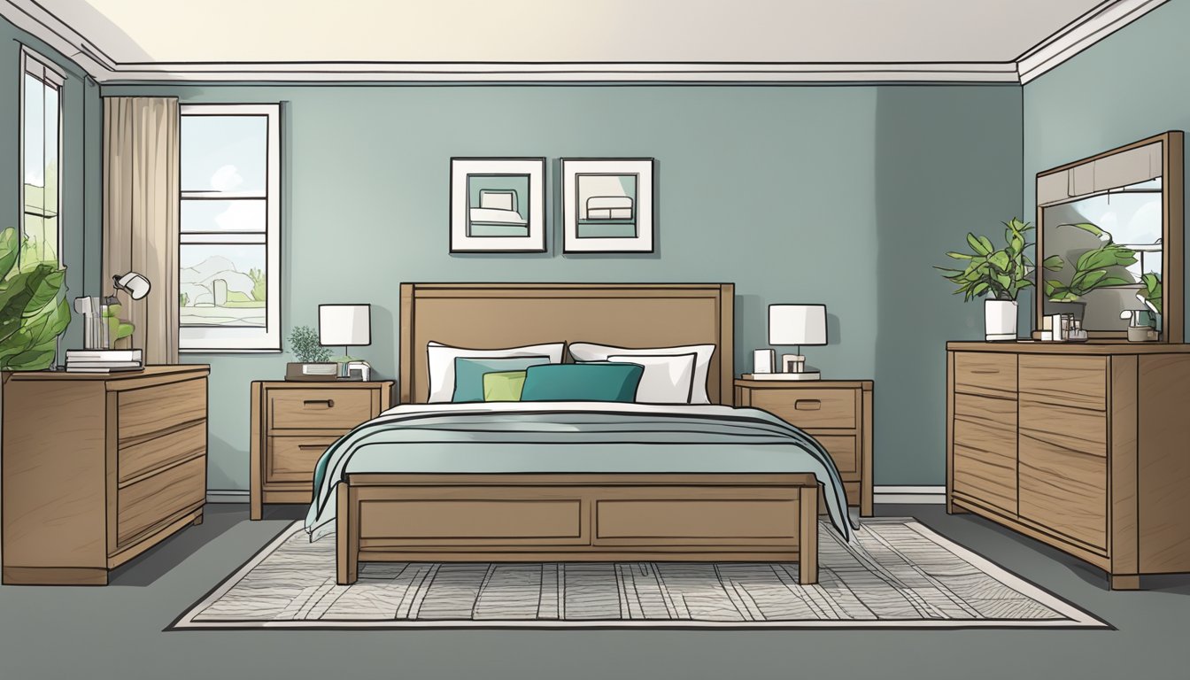 A bedroom with modern furniture sets arranged neatly, with a sign reading "Frequently Asked Questions furniture deals bedroom sets" prominently displayed