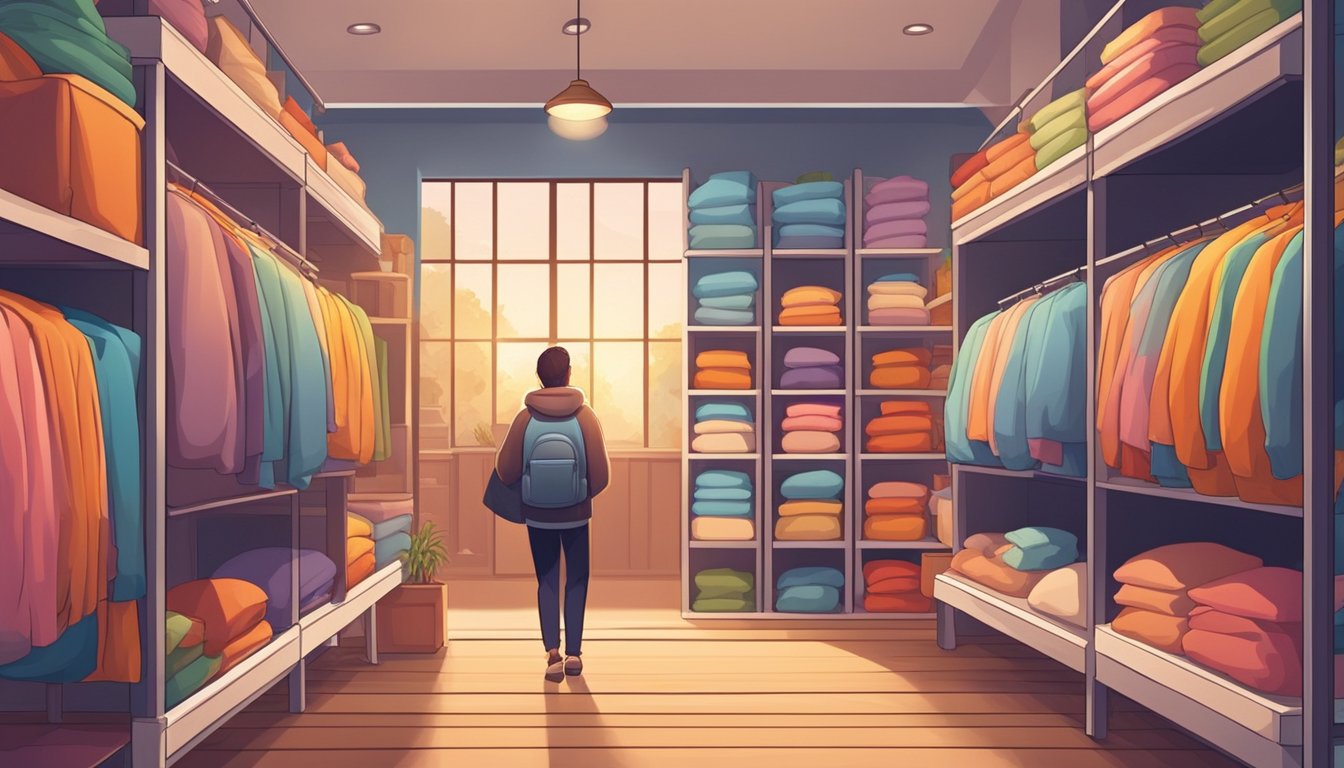 A person walks into a cozy bedding shop, filled with colorful duvets and soft pillows. The shelves are neatly organized, and the warm lighting creates a welcoming atmosphere