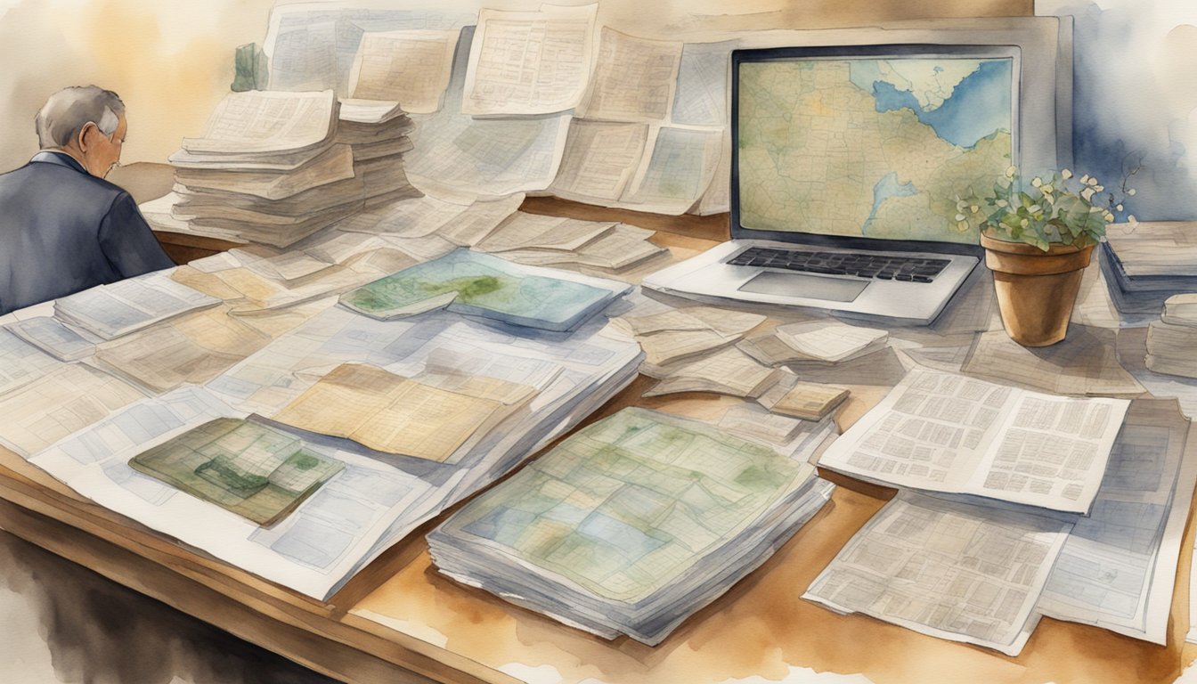 A table covered in old family photos, documents, and a map.</p><p>A computer displaying genealogy websites.</p><p>A person taking notes and organizing papers