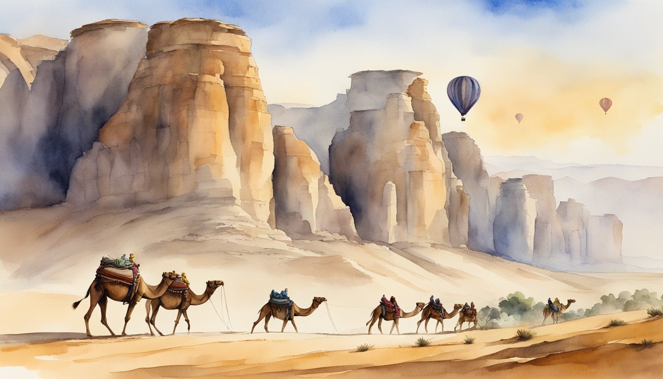 A camel caravan treks through the vast desert, passing ancient ruins and towering sandstone cliffs.</p><p>A hot air balloon floats above, offering a breathtaking view of the Jordanian landscape