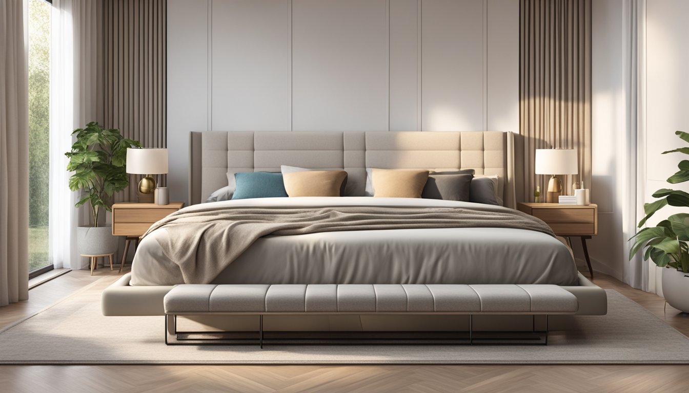 A queen size bed, 152 cm wide and 203 cm long, with a plush mattress and soft, neutral-colored bedding, situated in a spacious, well-lit bedroom