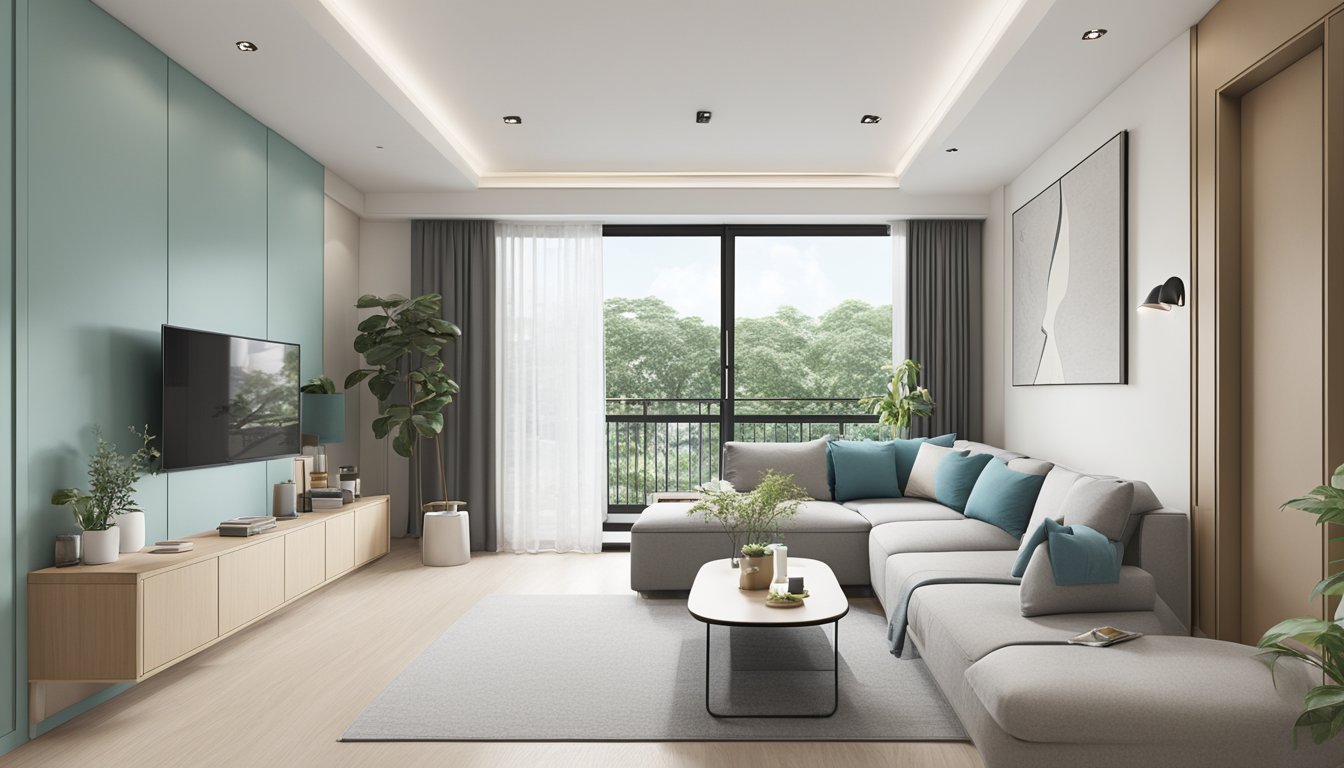 A newly renovated HDB resale flat with modern fixtures and furnishings. The space is bright and airy, with clean lines and a minimalist aesthetic