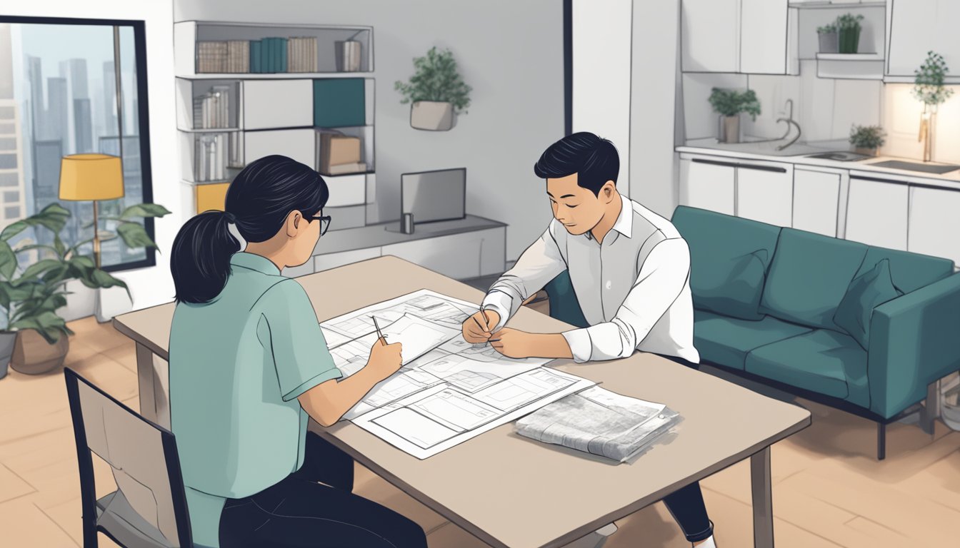 A couple sits at a table, discussing renovation plans for their HDB resale flat. They have blueprints, paint swatches, and a budget sheet laid out in front of them