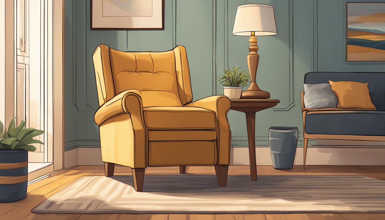 A recliner chair sits in a cozy living room, bathed in warm, soft light. The chair is plush and inviting, with a footrest extended and a side table nearby