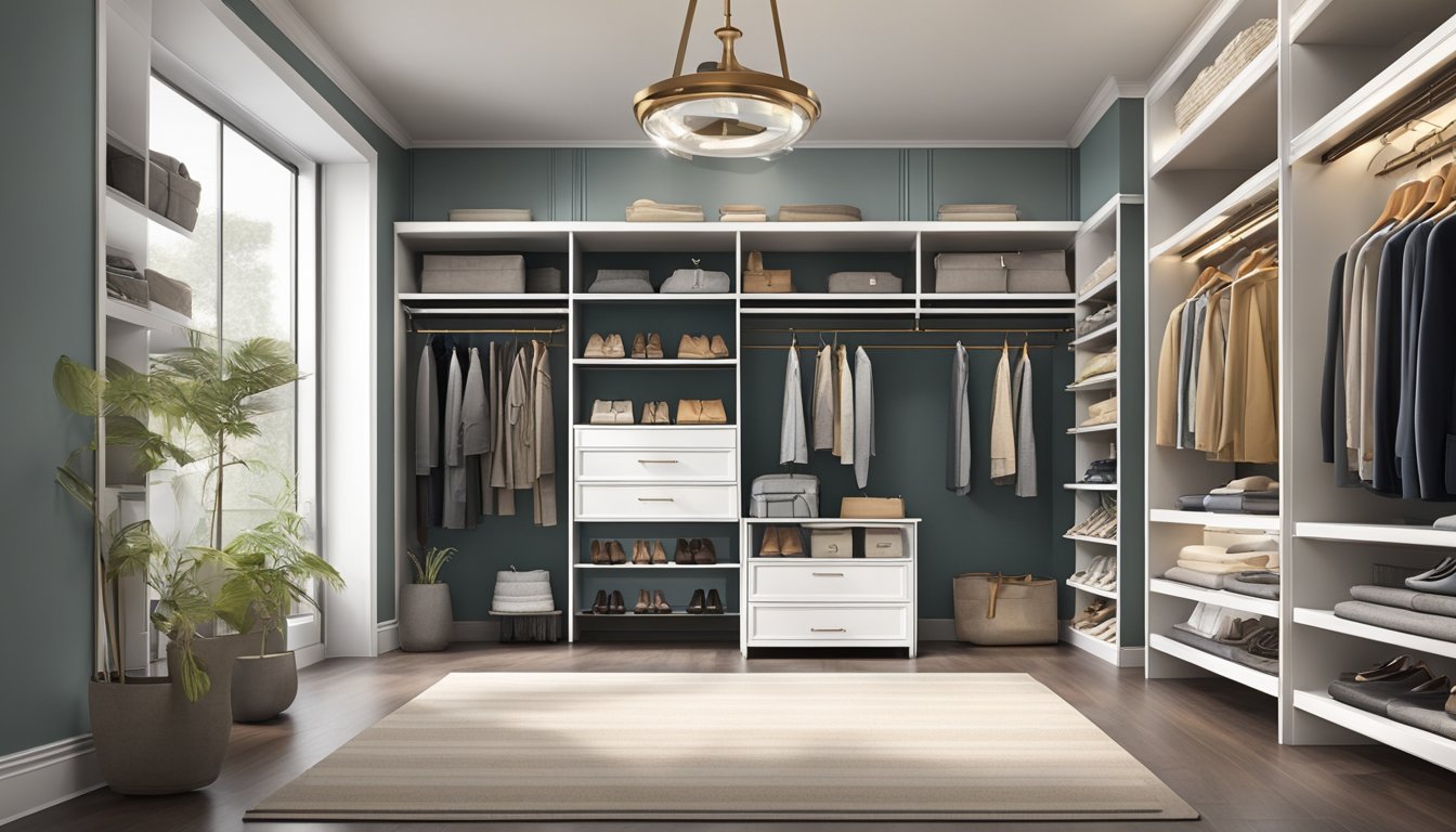 A spacious walk-in closet with custom shelving, hanging rods, and drawers. Bright lighting and a full-length mirror complete the dream wardrobe design