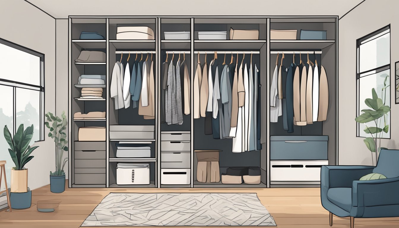 A person assembling and organizing a DIY wardrobe in a Singapore home