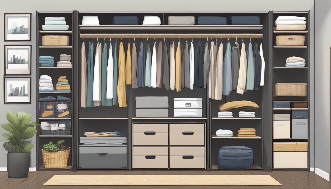 A neatly organized wardrobe with shelves, drawers, and hanging space. Labels and dividers help keep items tidy