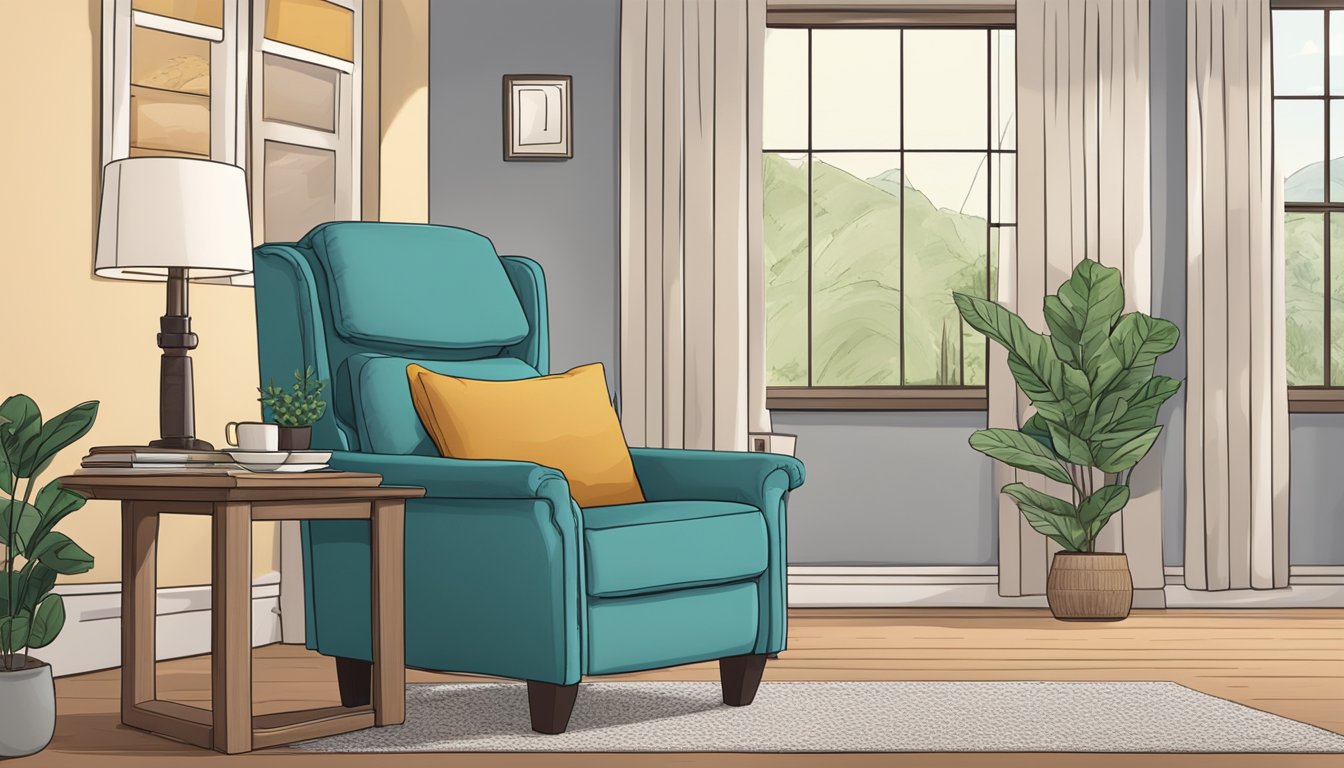 A recliner chair with a "Frequently Asked Questions" sign next to it, surrounded by a cozy living room setting