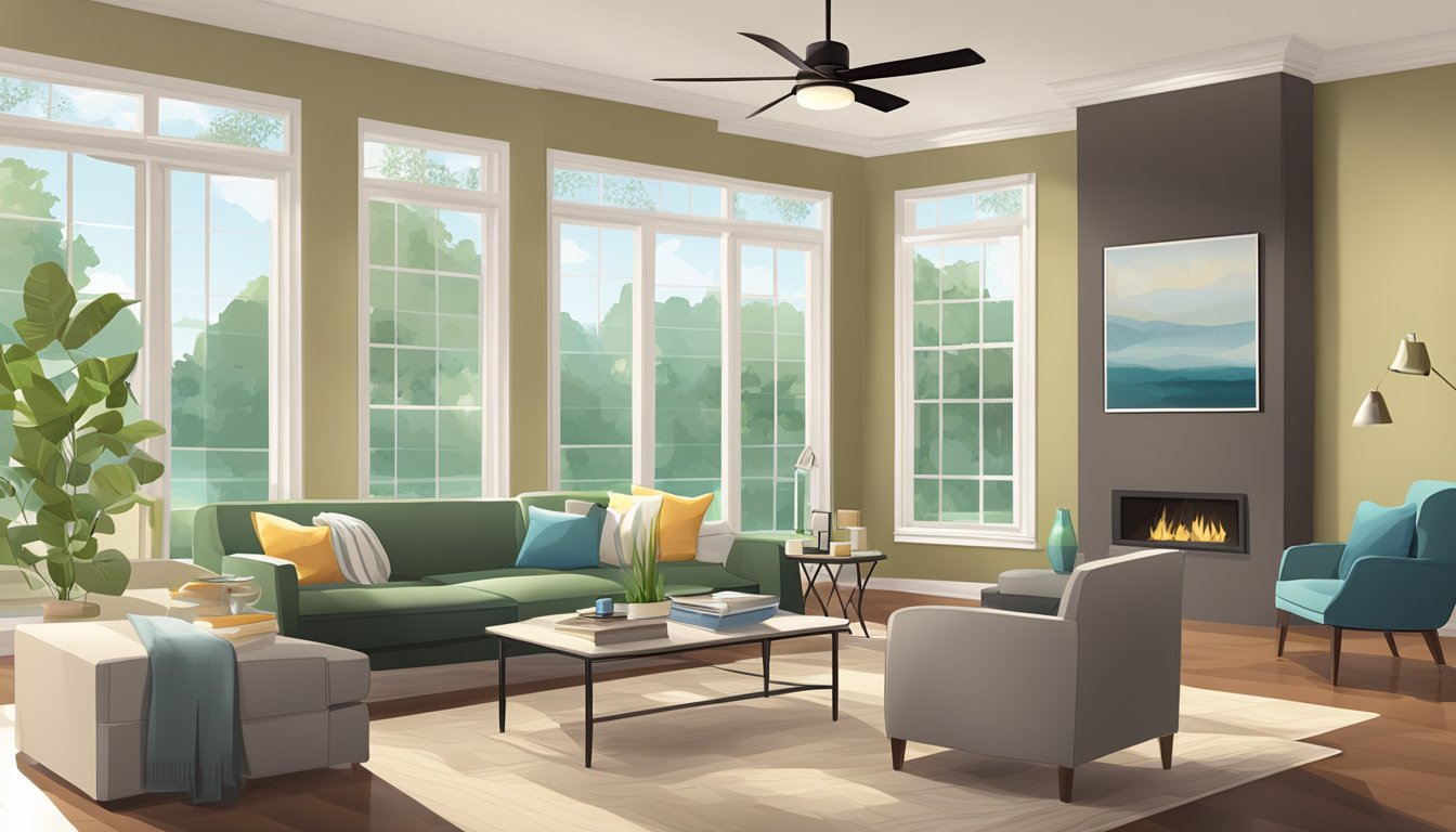 A modern living room with energy efficient ceiling fans emitting soft light