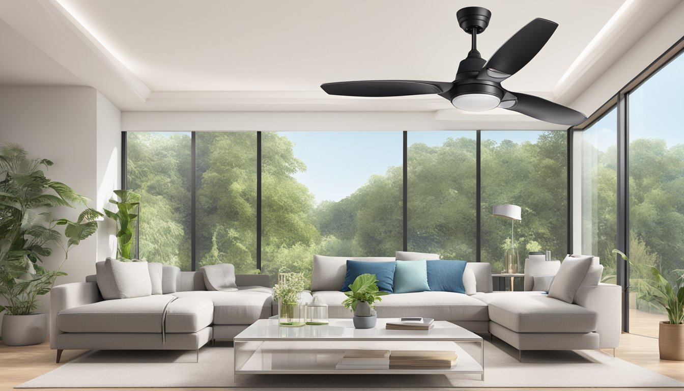 A 3-blade and 5-blade ceiling fan spin side by side, with a digital display showing their respective performance and efficiency metrics