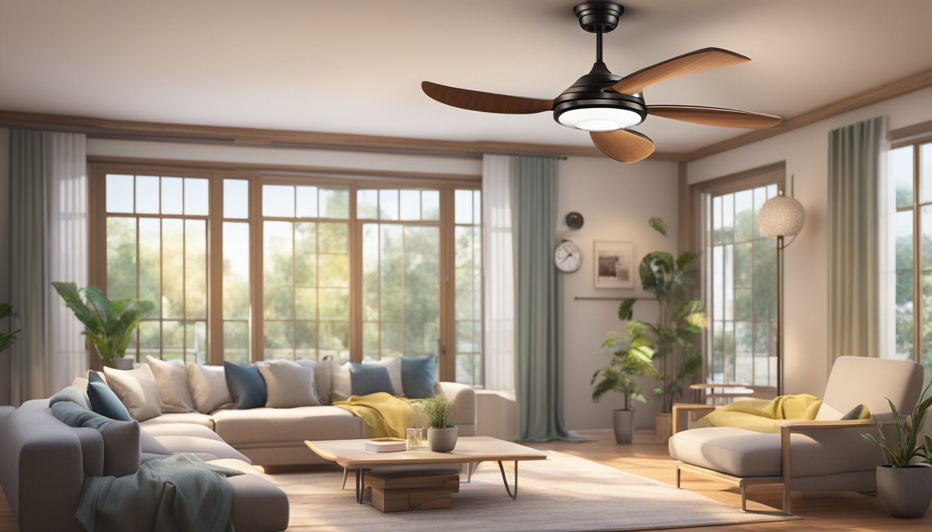 A ceiling fan with LED lights is spinning, casting a gentle glow in a cozy living room. The room feels cool and comfortable, while the energy-efficient fan helps to save on electricity costs