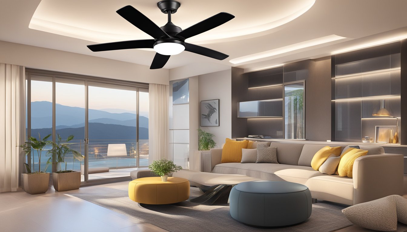 A ceiling fan with integrated LED lights hangs from a high ceiling. The fan blades are sleek and modern, and the lights emit a warm, energy-efficient glow