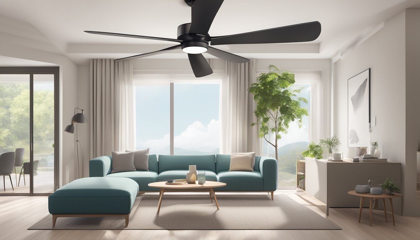 A ceiling fan with 3 blades spinning at a medium speed, creating a gentle breeze in a modern living room with high ceilings and minimalistic decor