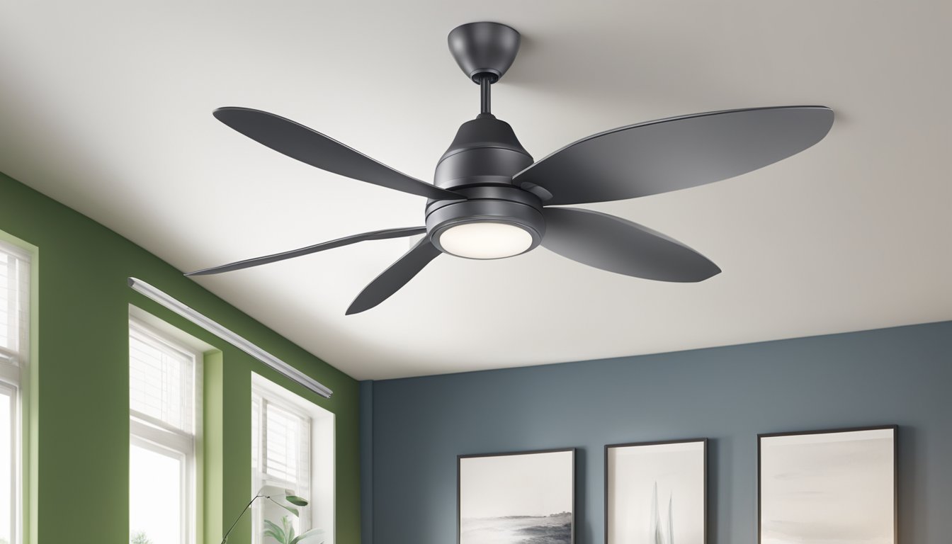 A 3-blade and 5-blade ceiling fan suspended from the ceiling, with the blades in motion, creating a breeze in a room