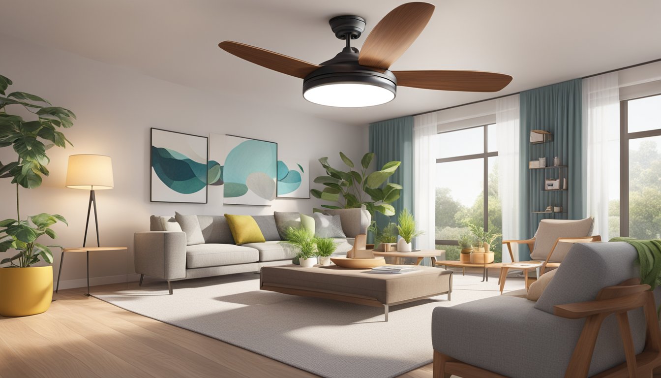 A modern ceiling fan with integrated LED lights, spinning quietly above a cozy living room, surrounded by energy-efficient appliances and sustainable decor