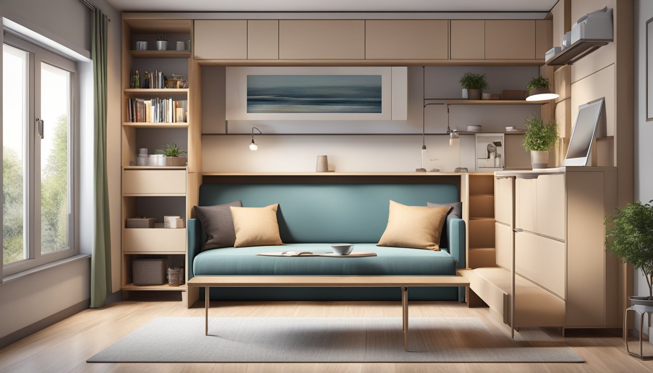 A small room with a convertible sofa bed, folding dining table, and wall-mounted storage shelves. Efficient use of space with multi-functional furniture