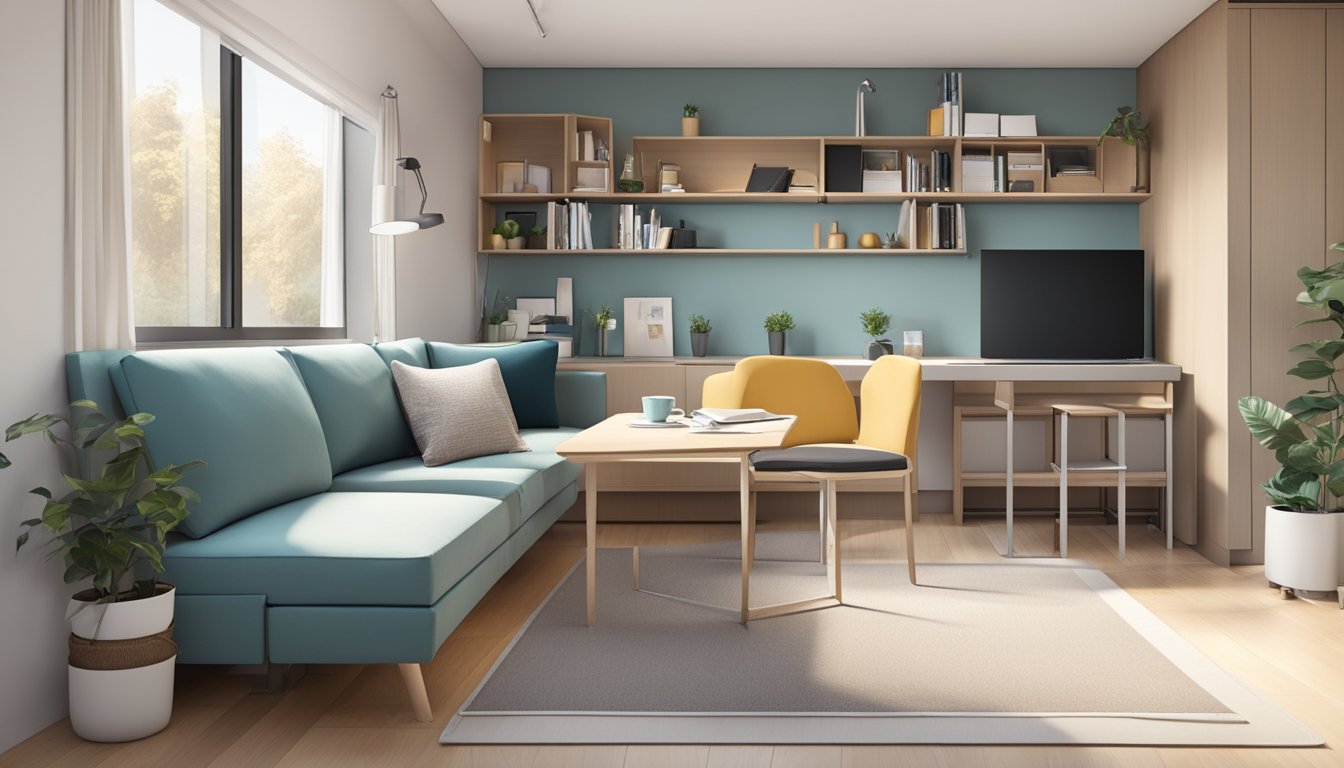 A small living room with multi-functional furniture, space-saving storage solutions, and minimalistic design. A sofa with built-in storage, a wall-mounted foldable desk, and adjustable coffee table