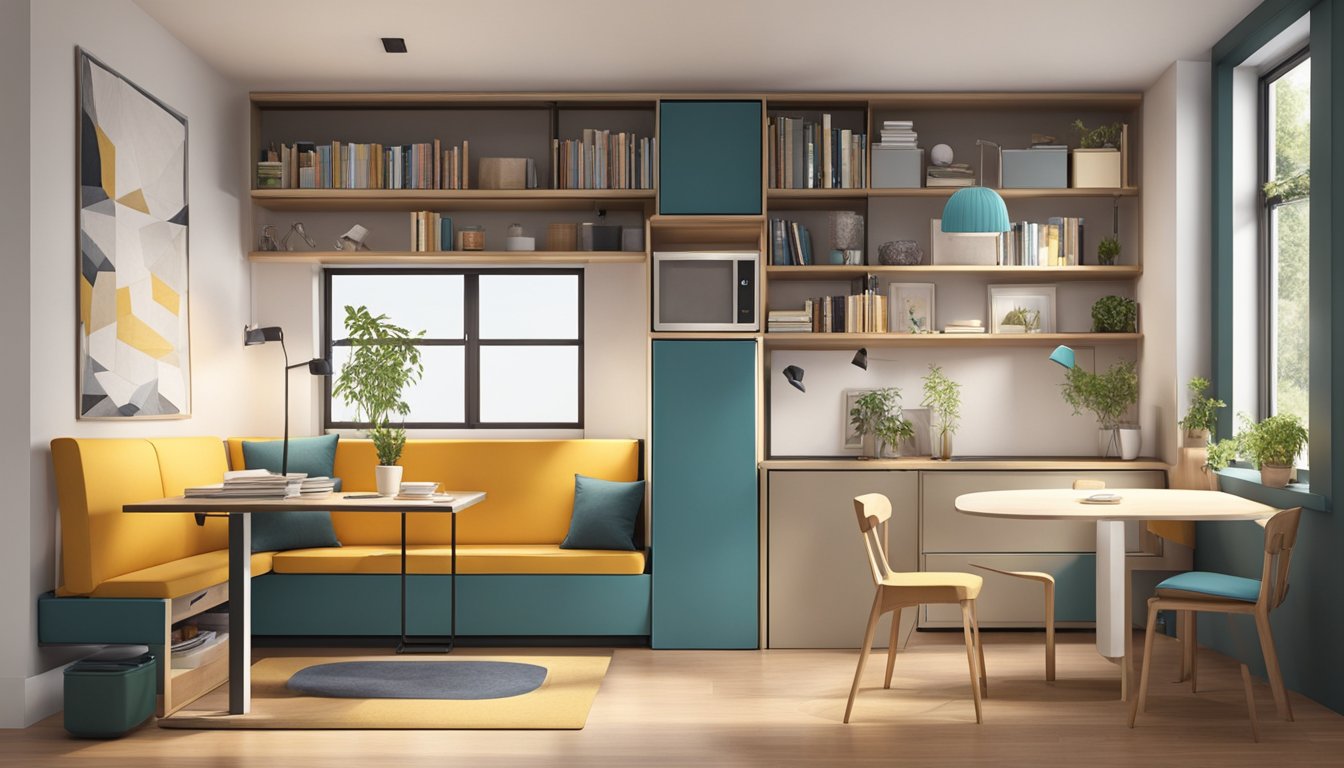 A small, cozy room with multifunctional furniture pieces, clever storage solutions, and space-saving designs. A compact sofa with built-in storage, a foldable dining table, and adjustable shelving maximize the limited space