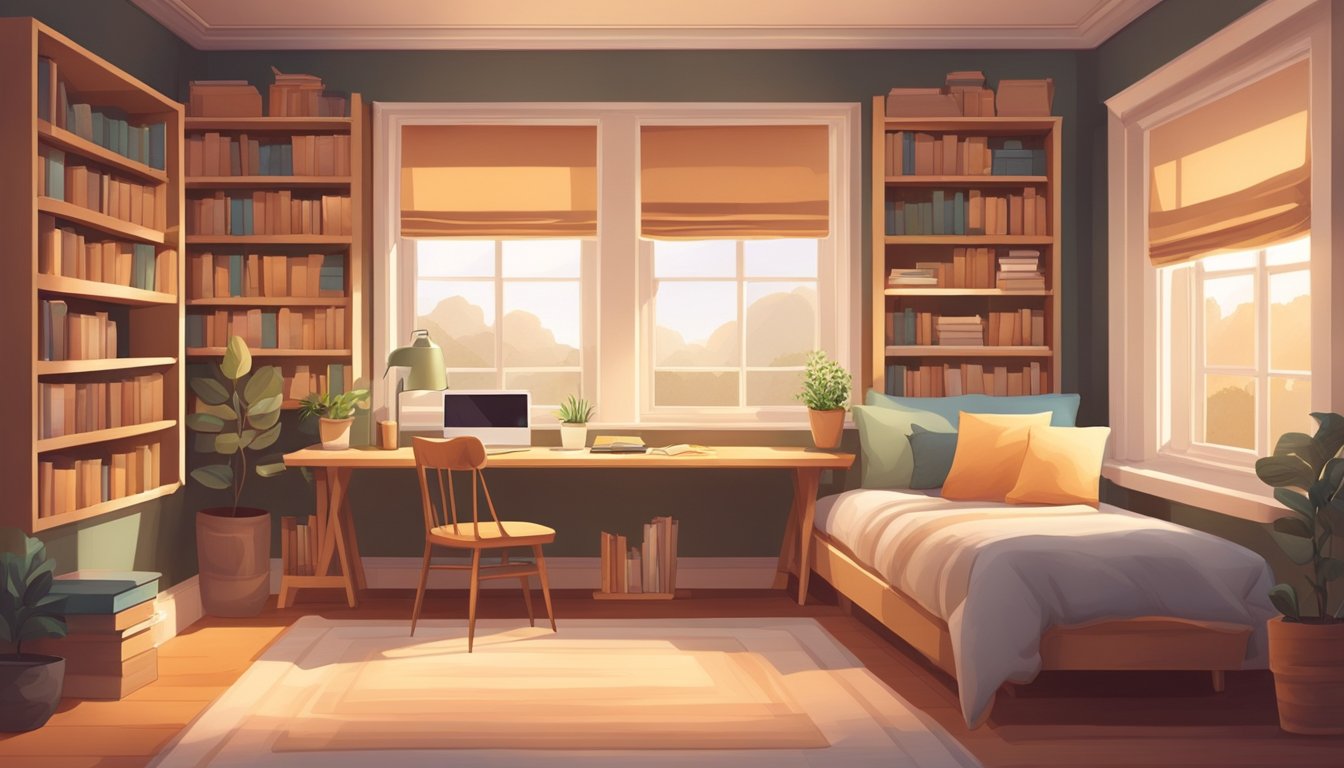 A cozy study room with a built-in bed, bookshelves, and a desk by the window. A warm color scheme and soft lighting create a peaceful atmosphere