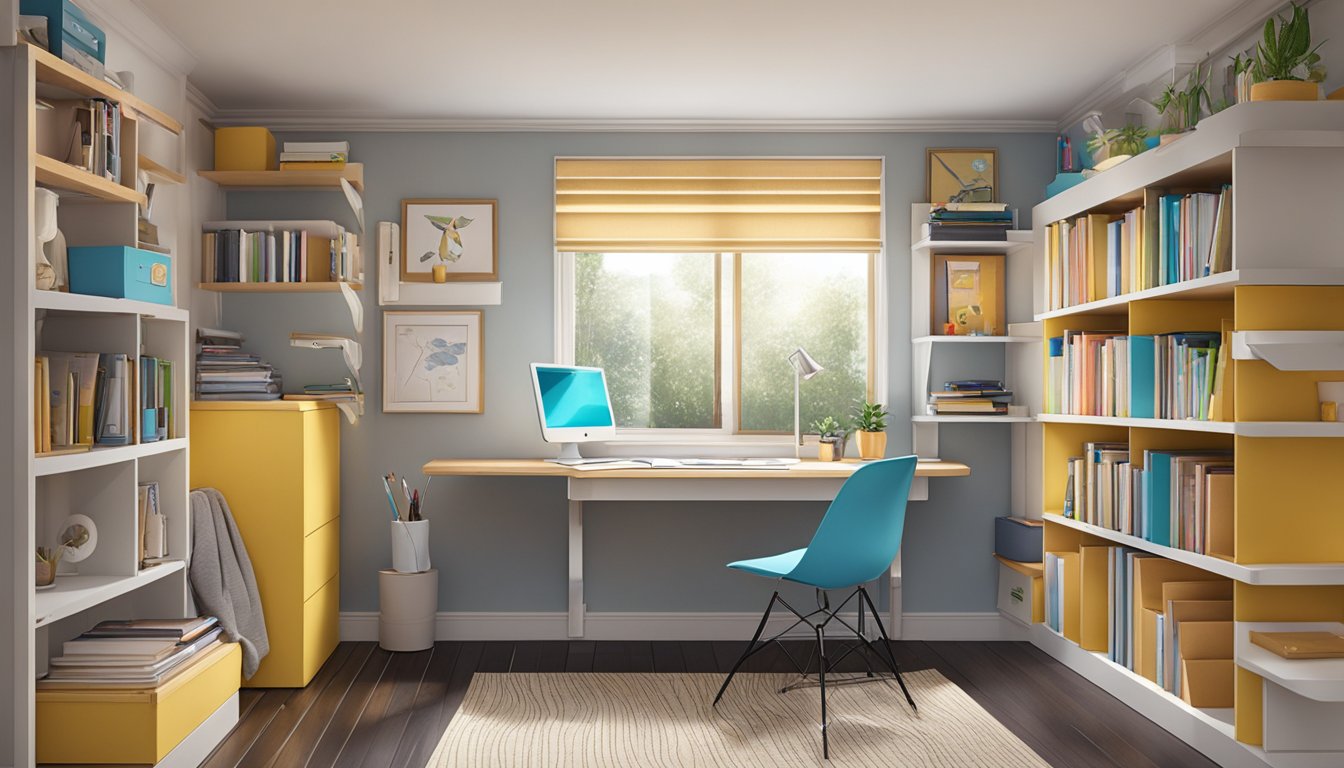 A study room with a loft bed, built-in shelves, and a foldable desk to maximize space