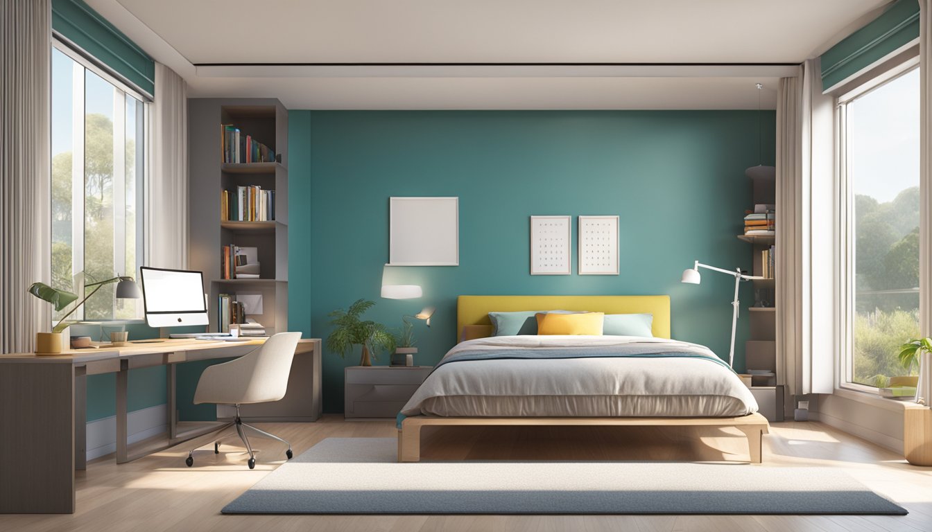 A study room with a bed, modern furniture, and natural light. The room is organized, with a minimalist design and pops of color