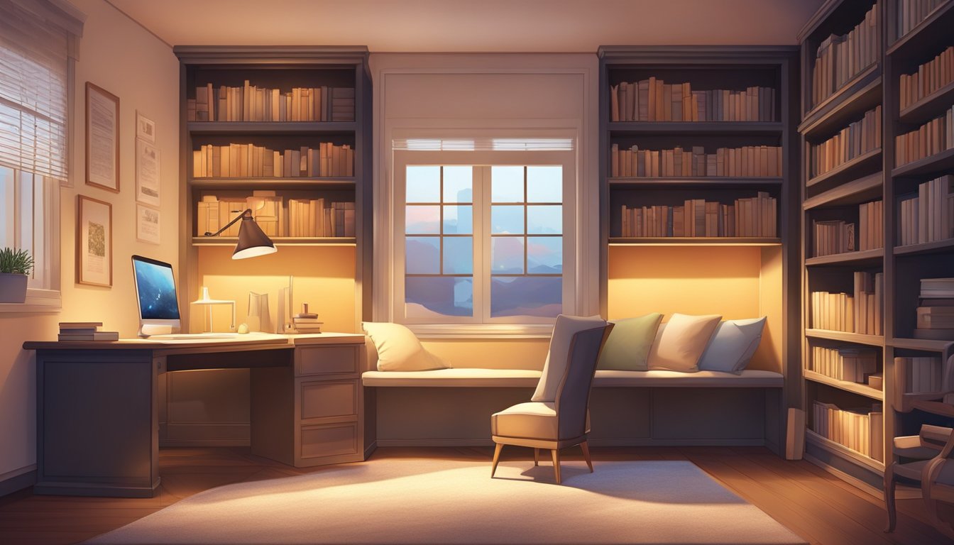 A cozy study room with a built-in bed, bookshelves, and a desk with a computer. Warm lighting and a comfortable chair complete the inviting space