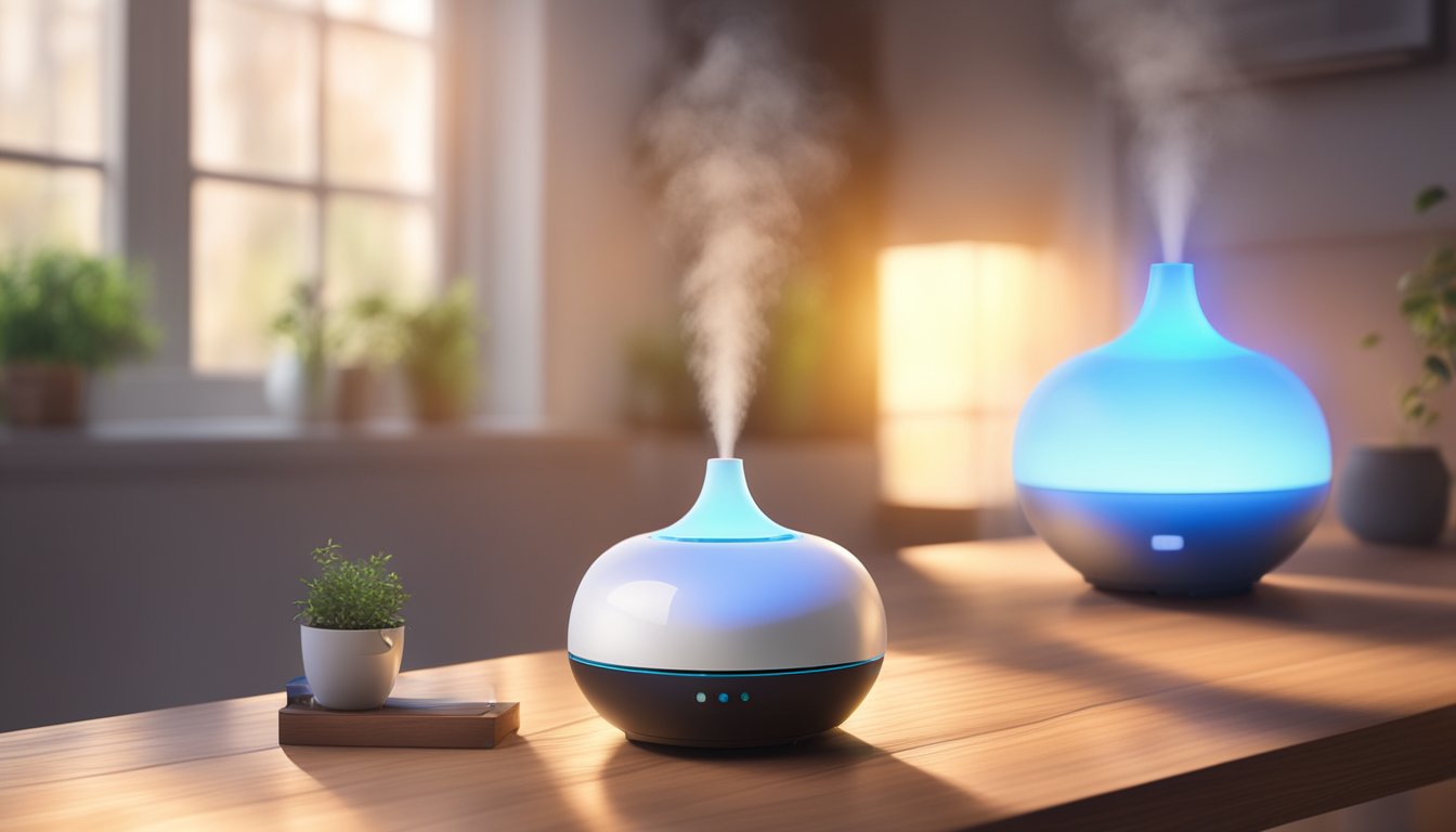 An air purifier and essential oil diffuser sit on a wooden table, emitting a soft glow and dispersing fragrant mist into the air