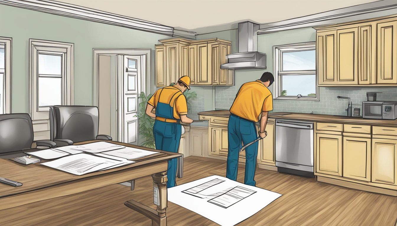 A homeowner reviews paperwork while a contractor measures a room, symbolizing the process of understanding and utilizing home renovation loans