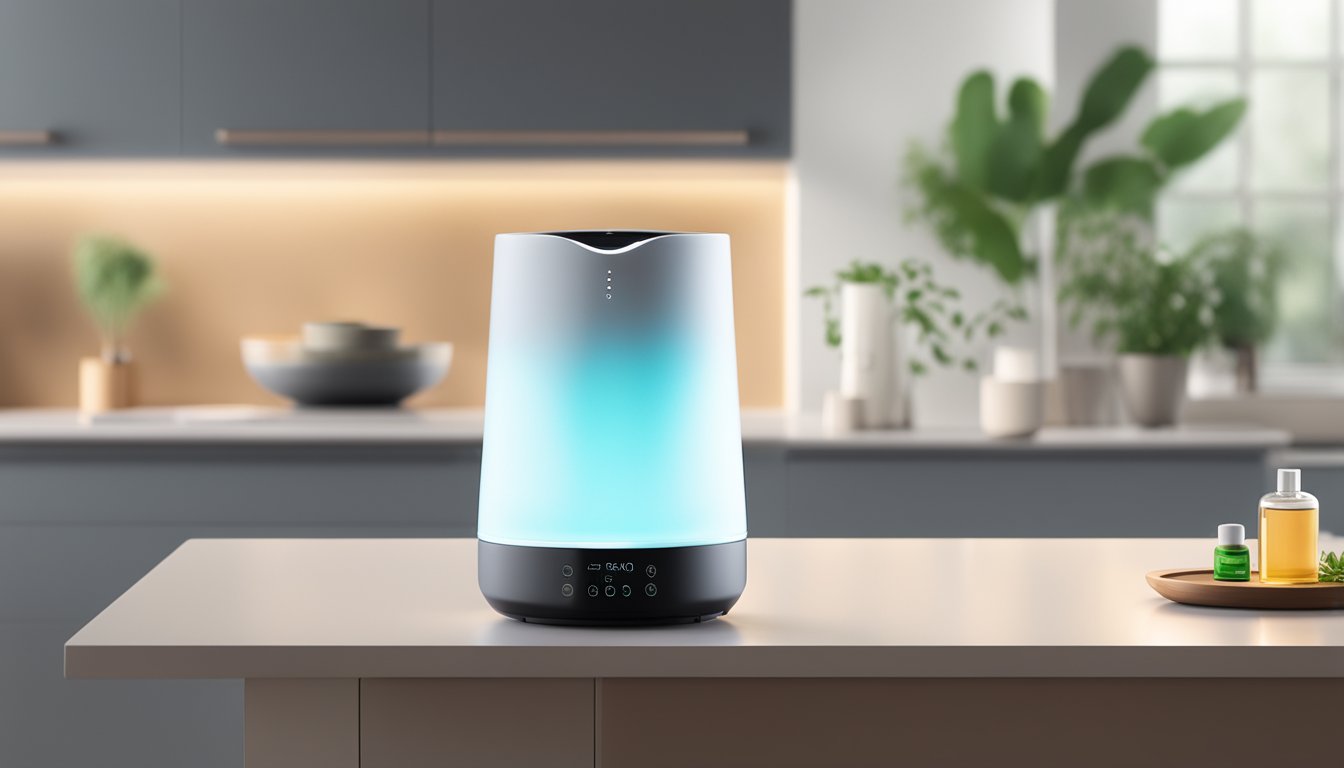 A modern air purifier and essential oil diffuser sit on a sleek countertop, emitting a soft glow and a gentle mist, creating a tranquil and purified atmosphere