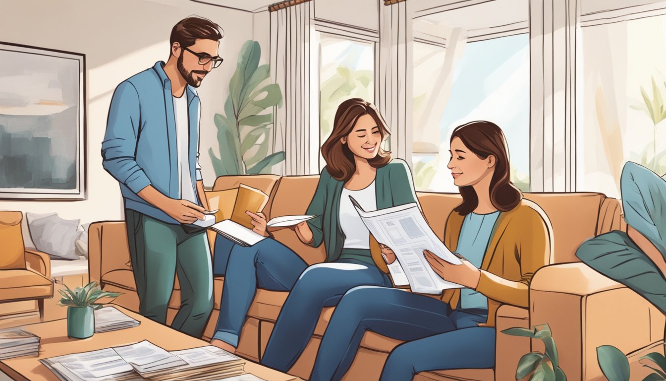 A couple discusses home renovation loan options with a banker in a cozy living room, surrounded by blueprints and design magazines