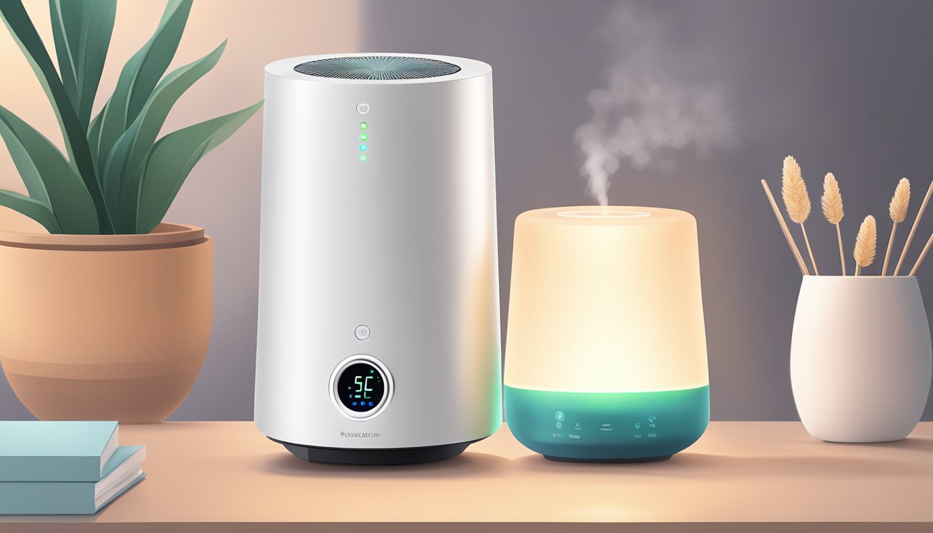 A hand reaches for a sleek, modern air purifier and essential oil diffuser combo on a clean, clutter-free tabletop. The device is turned on, emitting a soft, calming glow and a gentle mist of fragrant essential oils