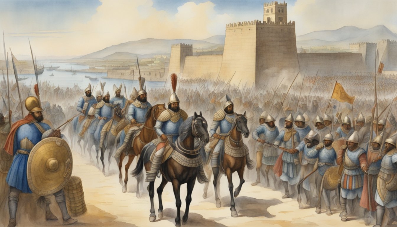 The Spanish conquistadors arrive in Tenochtitlan, the capital of the Aztec Empire.</p><p>They are met by the Aztec ruler, Moctezuma, and his entourage.</p><p>The conquistadors are clad in armor and carry weapons