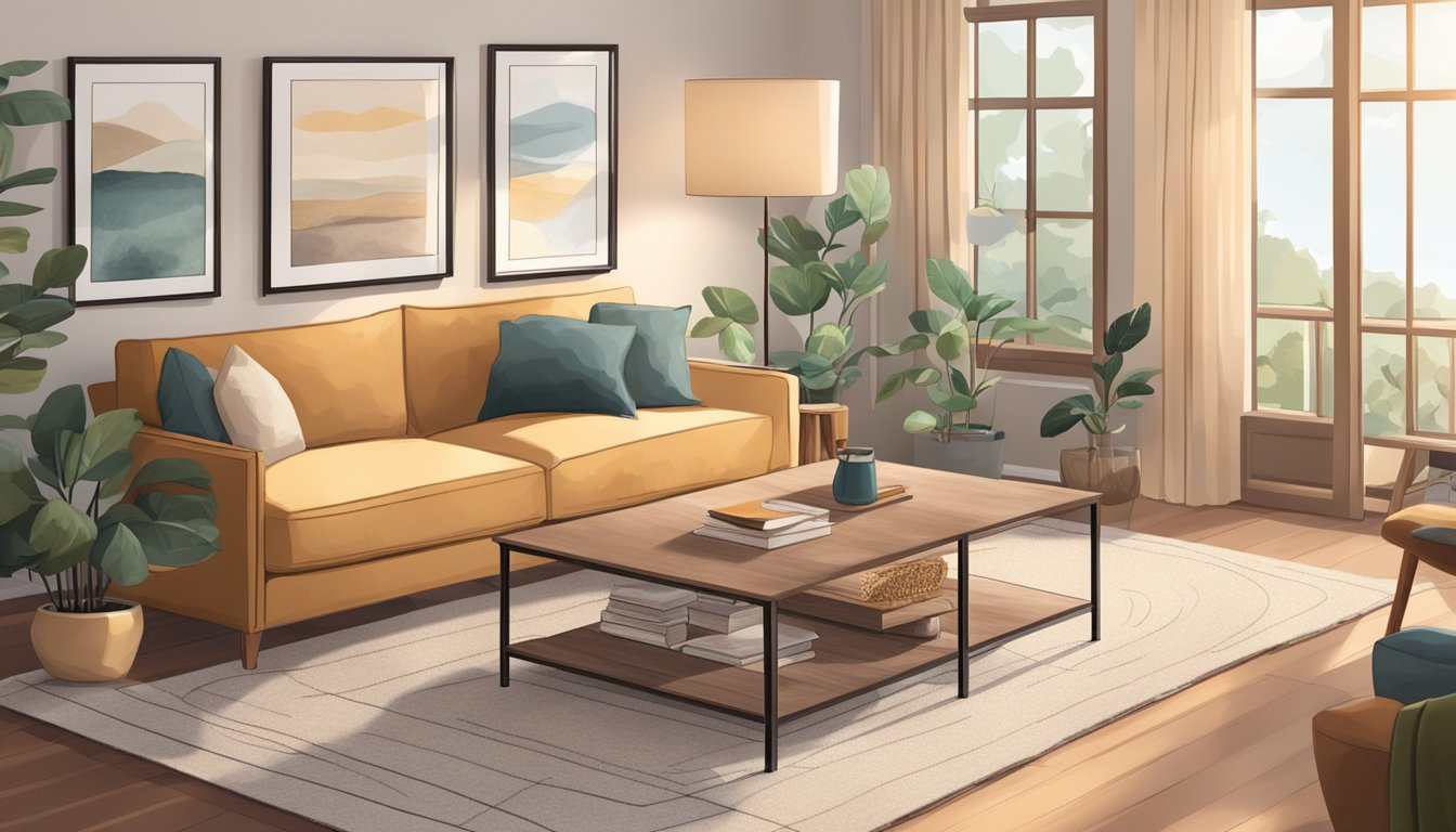 A small round coffee table sits in the center of a cozy living room, surrounded by a comfortable sofa, a soft rug, and a warm, inviting atmosphere