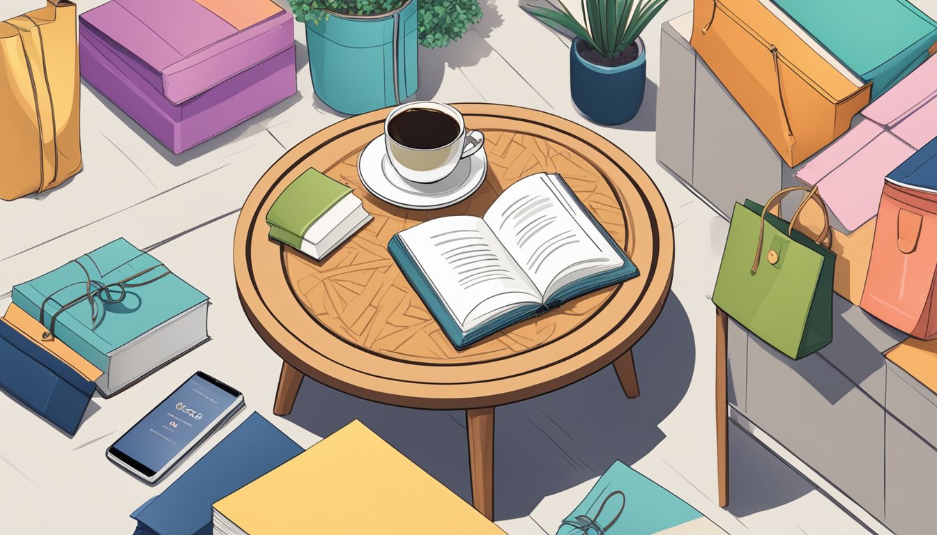 A small round coffee table surrounded by shopping bags and a care guide book