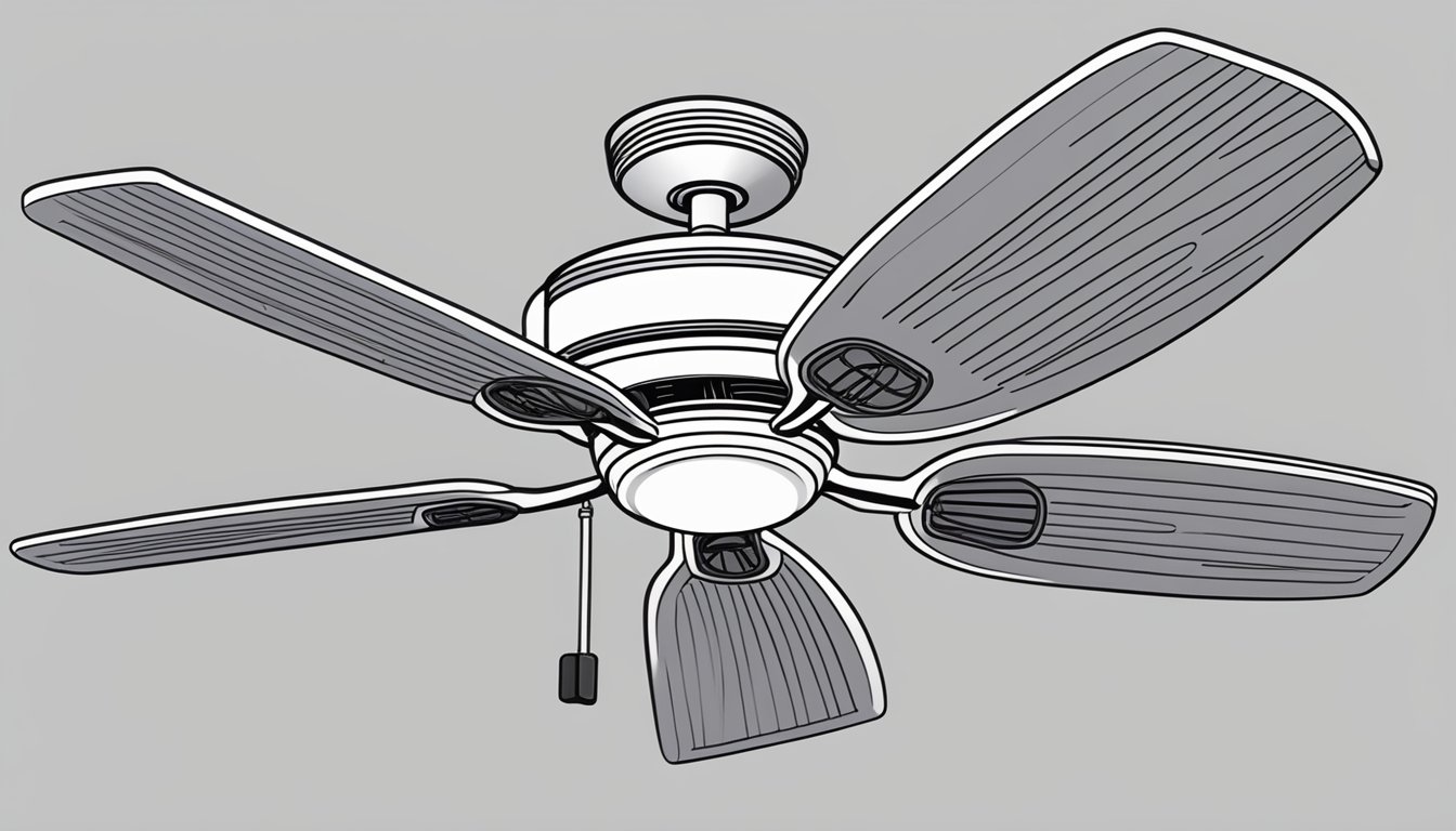 A ceiling fan with a visible capacitor mounted inside the fan housing, labeled with its specific value in microfarads