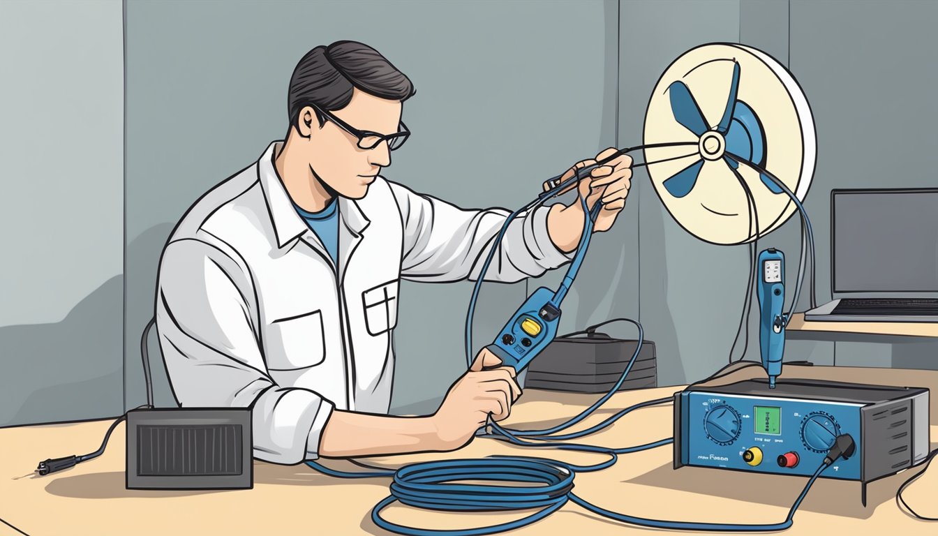 A technician testing a ceiling fan capacitor with a multimeter