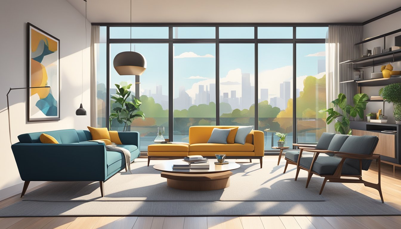 A modern living room with sleek furniture, vibrant accent colors, and large windows letting in natural light