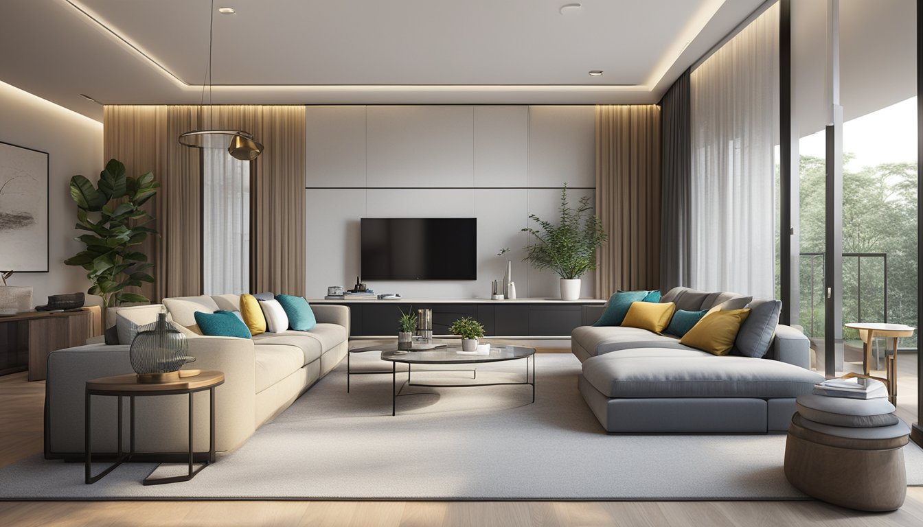 A modern living room with sleek furniture, vibrant accent pieces, and natural light streaming in through large windows. The space exudes a sense of sophistication and comfort, showcasing the best of interior design in Singapore