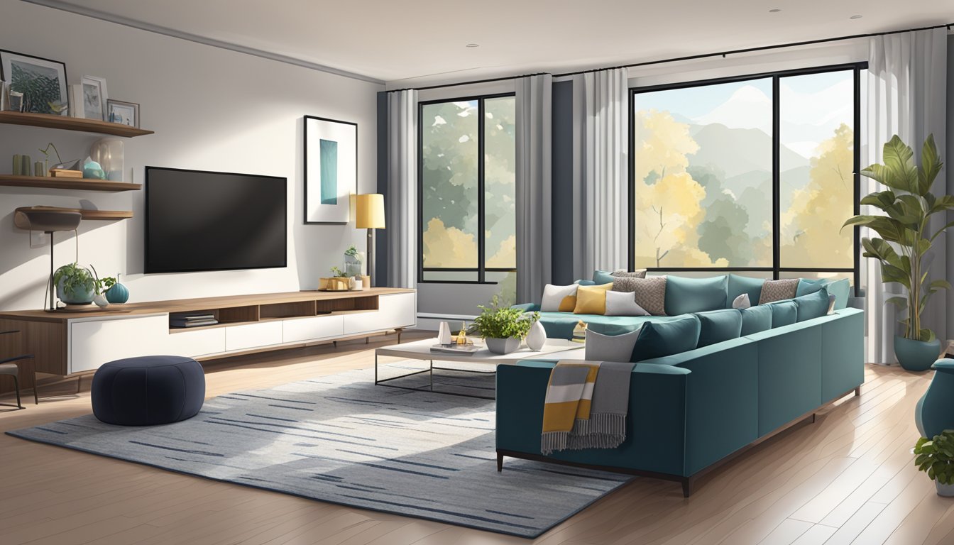 A modern living room with sleek furniture, vibrant accents, and soft lighting. A professional interior decorator adds finishing touches