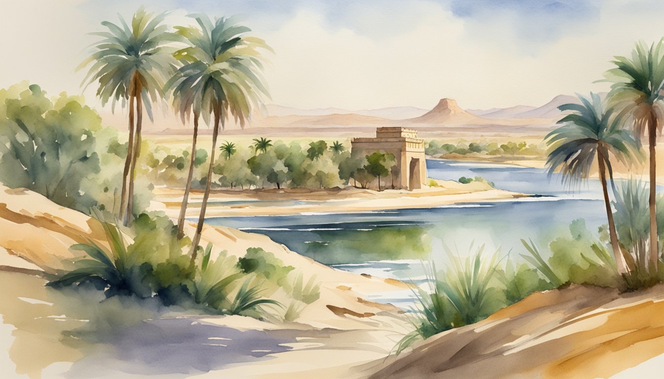 The Nile River winds through the desert, flanked by lush greenery and ancient temples.</p><p>Sand dunes rise in the distance, while palm trees line the riverbanks