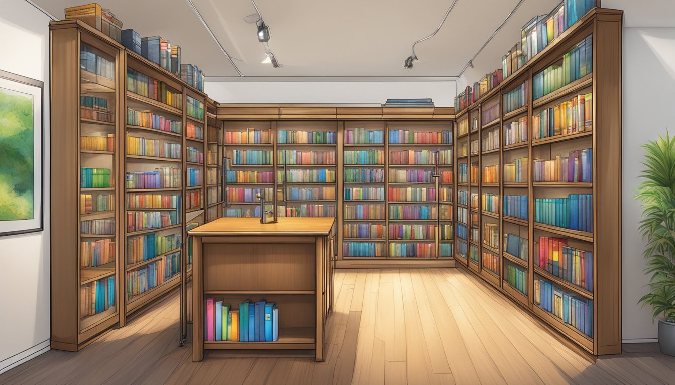 A book cabinet in Singapore is filled with neatly arranged books, with eye-catching displays and lighting to maximize visibility and attract attention