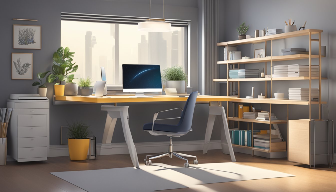 A sleek, modern desk with adjustable height and built-in storage, surrounded by a comfortable chair and task lighting