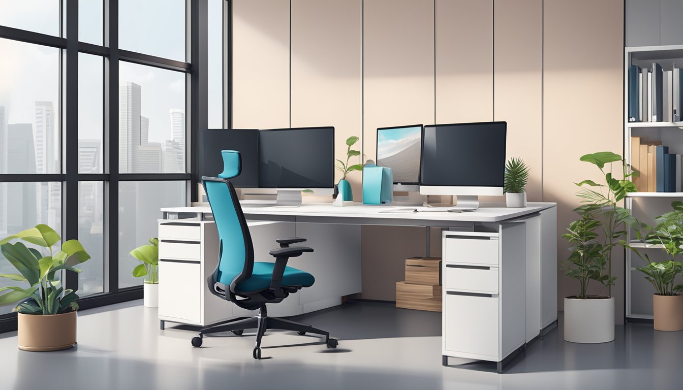 A modern office setting in Singapore, featuring a sleek ergonomic desk with adjustable height, ergonomic chair, and organized workspace