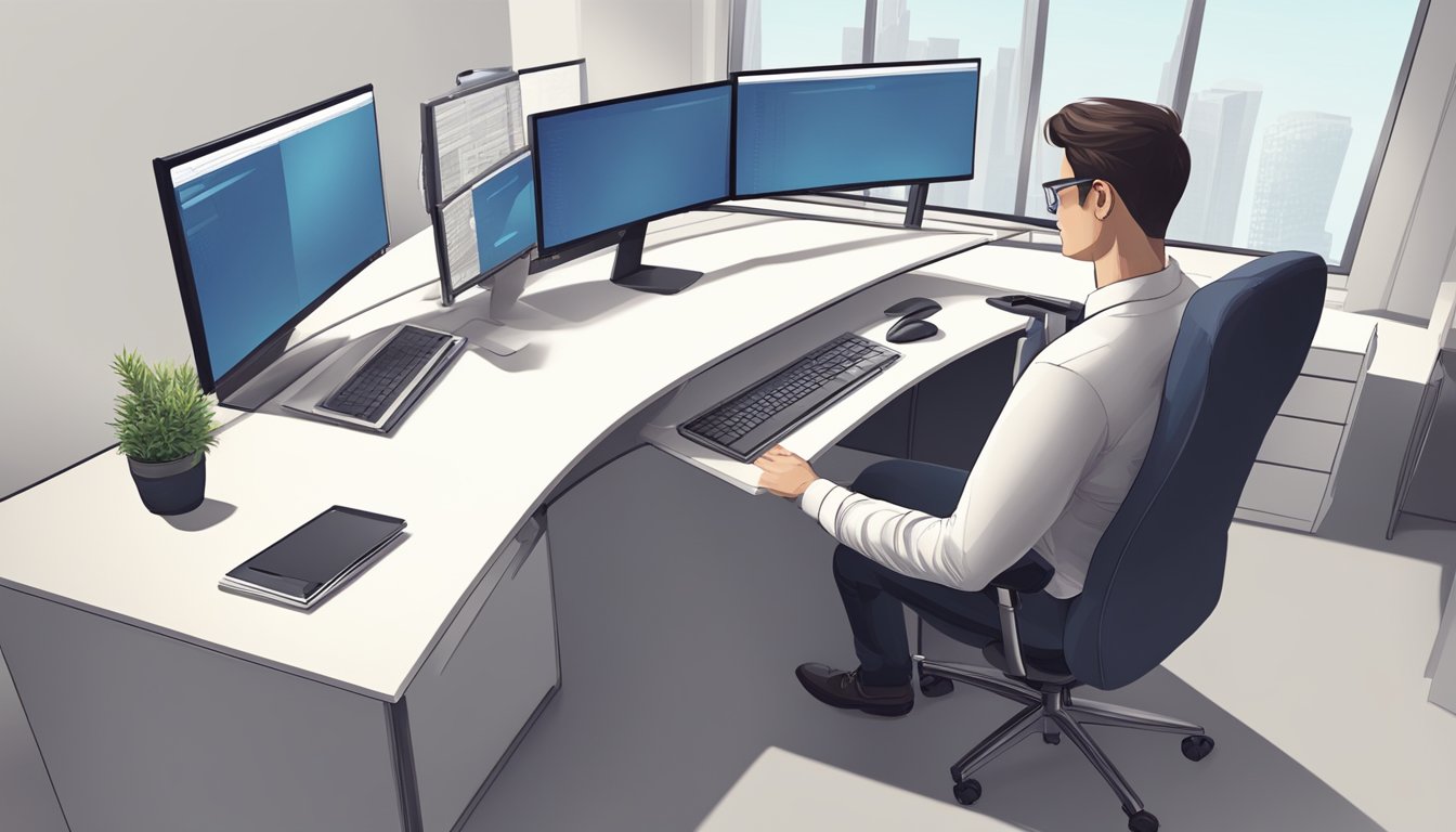 A person sits comfortably at an adjustable ergonomic desk, with proper posture and ample space for work tools. The desk is positioned at a suitable height for the individual, promoting a healthy and productive work environment