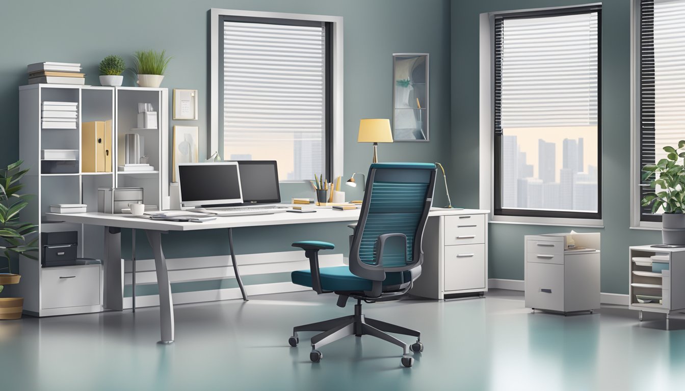 A modern office desk with adjustable features, comfortable chair, and organized accessories