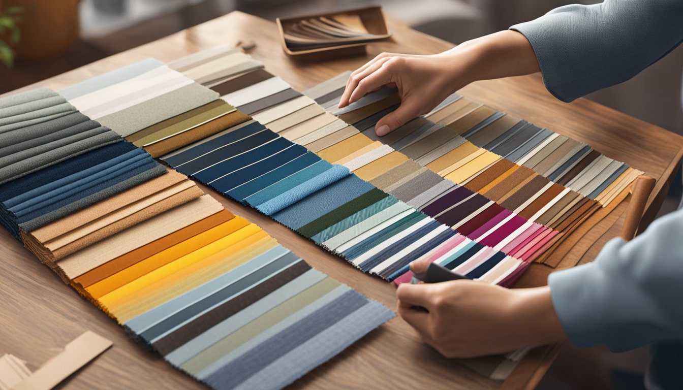 A person comparing different fabric swatches for a sofa, with a variety of textures and colors displayed on a large table